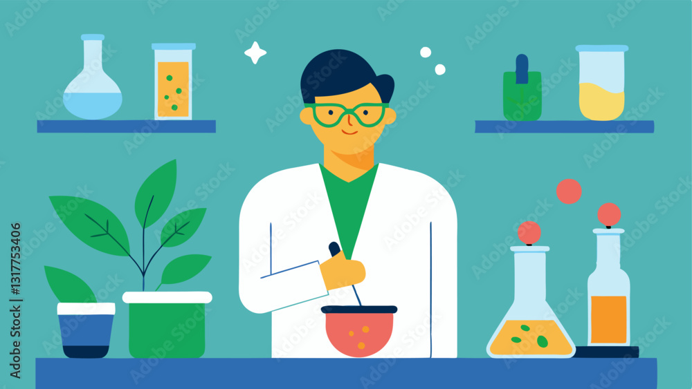 Laboratory Scene A scientist in a lab coat wearing safety goggles mixing colorful plantbased ingredients in beakers with scientific posters about nutrition on the walls. Laboratory Scene A scientist in a lab coat wearing safety goggles mixing colorful plantbased ingredients in beakers with scientific posters about nutrition on the walls.