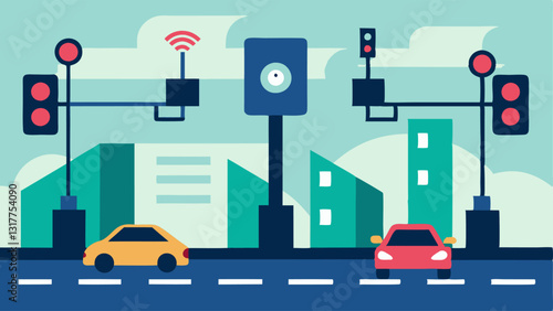 Smart Traffic Lights An illustration showing traffic lights with sensors and cameras that process data locally to manage traffic flow efficiently in a busy urban intersection.