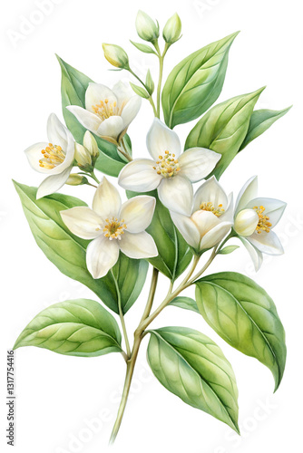 Elegant watercolor illustration of a jasmine flower in full bloom, featuring delicate white petals and lush green leaves. Perfect for floral designs, wedding themes, and nature-inspired projects on a 