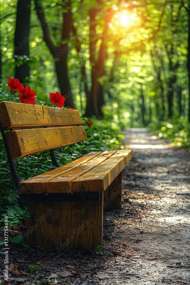 Fototapeta premium Wooden bench along a serene woodland path with flowers and sunlight filtering through the trees in springtime