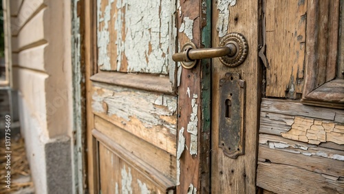 Rustic wooden door with vintage handle, peeling paint, old-world charm, antique textures