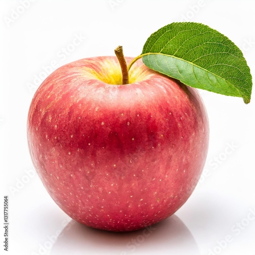 Fresh Pink Fuji Apple with Leaf Isolated on White Background