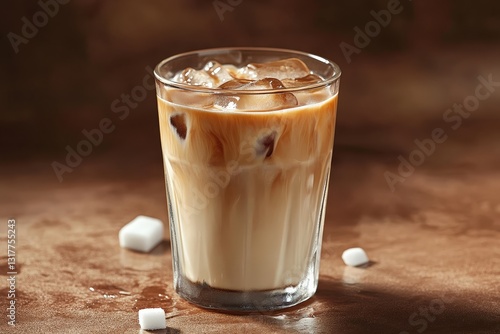 An iced coffee beverage with milk served in a clear glass