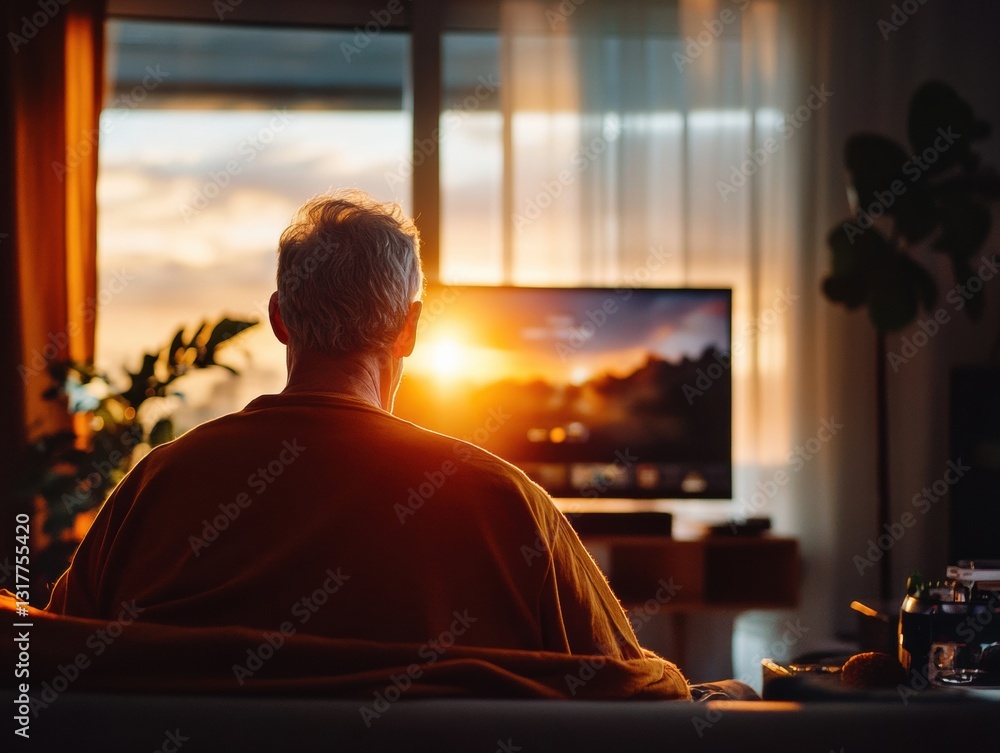 Fototapeta premium Older man relaxing at home while watching sunset on television in a cozy living room
