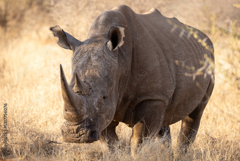 Obraz premium A powerful rhinoceros standing in a dry savanna