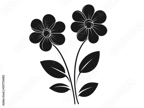 Two black silhouette flowers, stem, leaves, white background, design element (1)