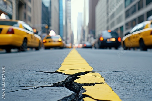 Cracked asphalt road with yellow stripe, blurred yellow cabs and other vehicles, urban city street perspective.