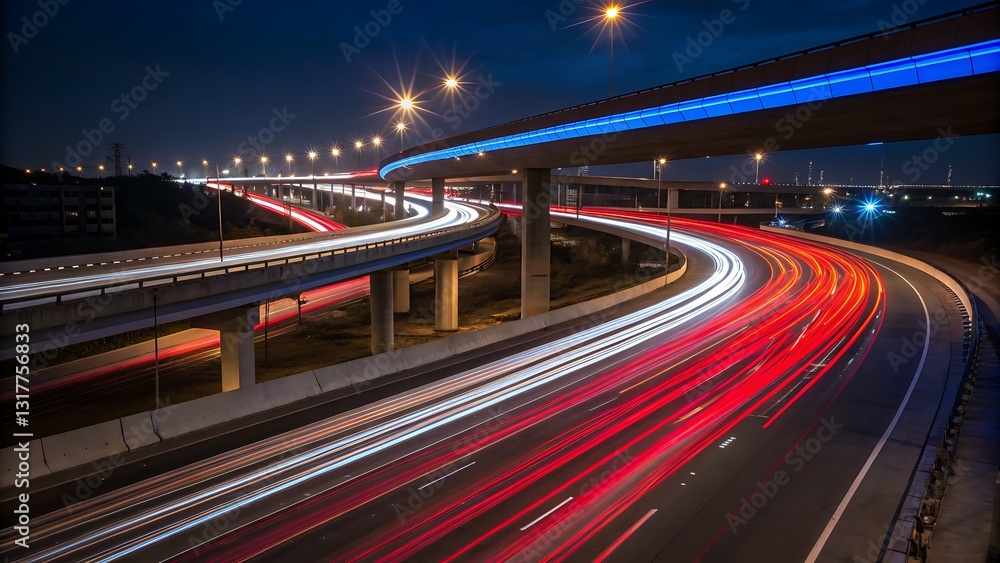 A busy multi-lane highway at night with stunning red and white light trails from moving vehicles, captured with a long-exposure effect against an urban cityscape backdrop A busy multi-lane highway at night with stunning red and white light trails from moving vehicles, captured with a long-exposure effect against an urban cityscape backdrop