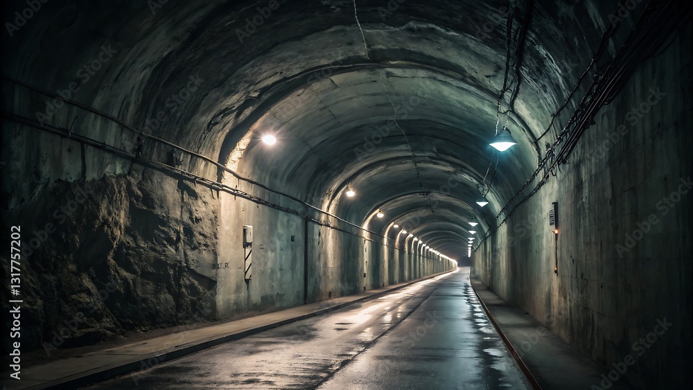 A dark underground tunnel with modern neon lighting along the walls, creating a futuristic sci-fi atmosphere with depth and perspective leading towards a bright exit A dark underground tunnel with modern neon lighting along the walls, creating a futuristic sci-fi atmosphere with depth and perspective leading towards a bright exit