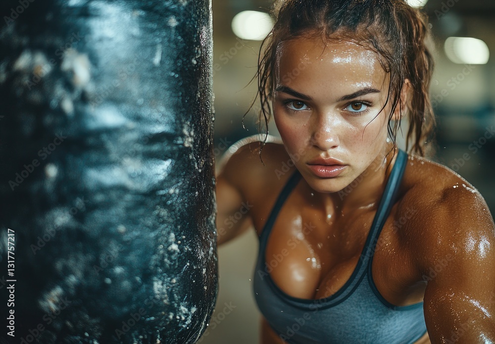 Obraz premium Focused woman in athletic gray sports bra, wet from exertion, intensely focused on a dark punching bag in a gym. Close-up view, highlighting sweat and determination