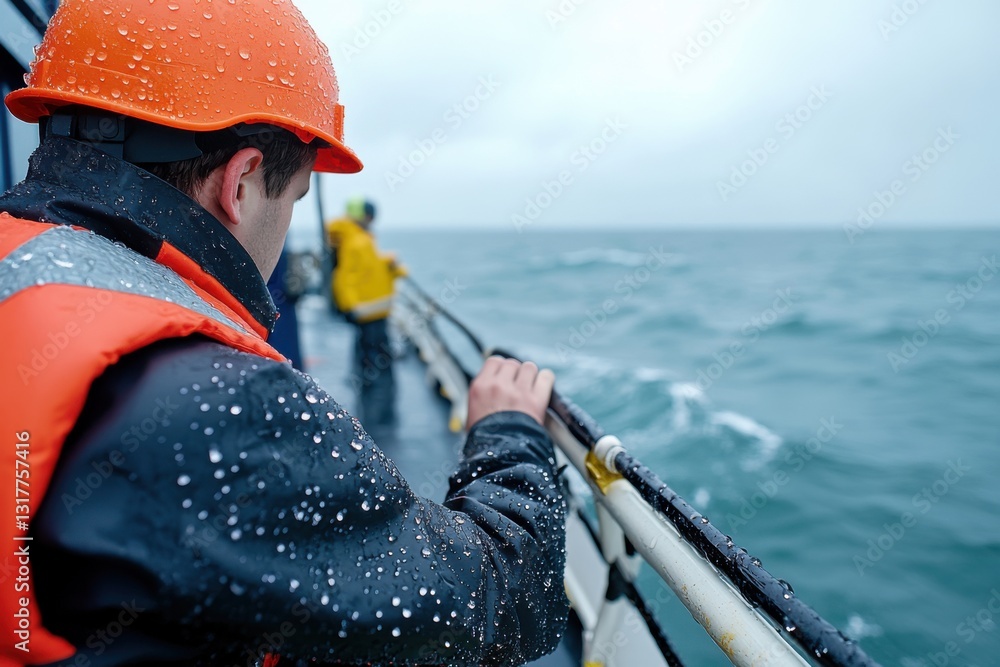A worker in rain gear and hard hat stands on deck of a ship in rainy weather, watching the ocean waves. A worker in rain gear and hard hat stands on deck of a ship in rainy weather, watching the ocean waves.