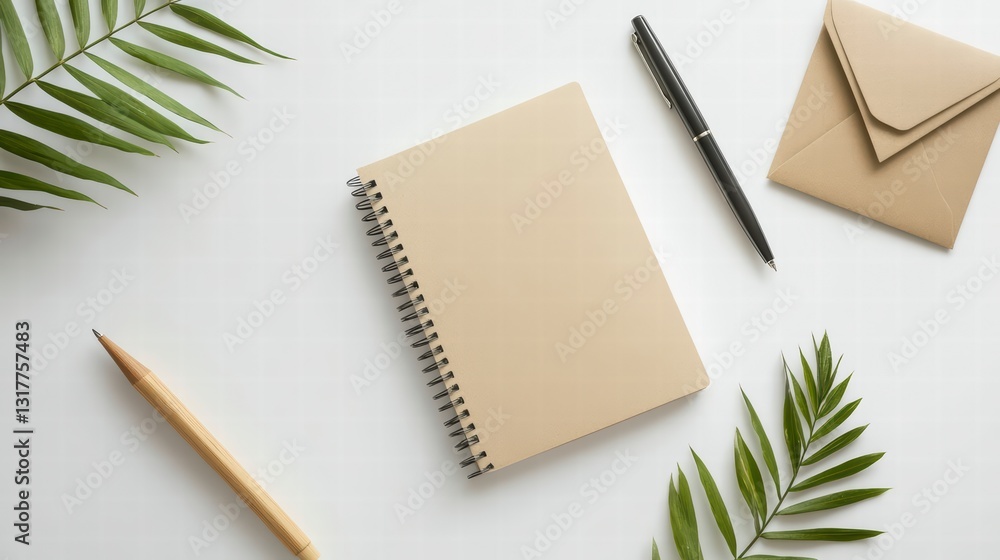Workspace Serenity: A flat lay of a notepad, pen, pencil, and envelope, accented with fresh leaves, creates a scene of creative inspiration and mindful productivity.