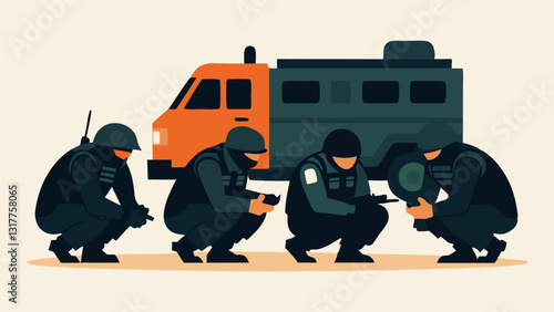 Team Formation A group of four SWAT officers crouched behind a tactical vehicle checking their equipment and preparing for the next move with a focused look on their faces.