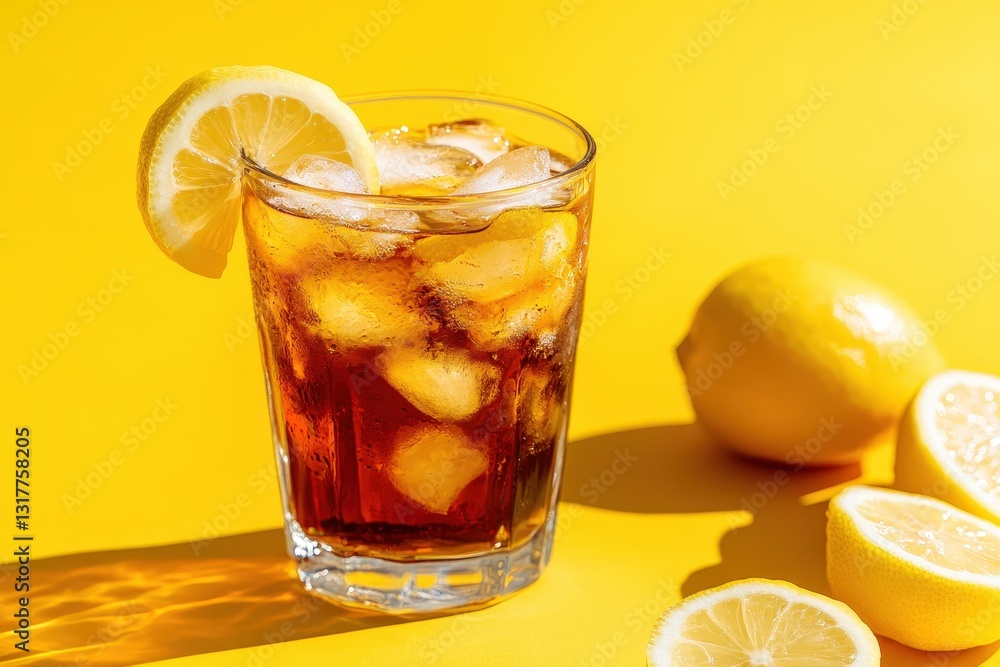 A refreshing beverage with ice and sliced lemon is shown A refreshing beverage with ice and sliced lemon is shown