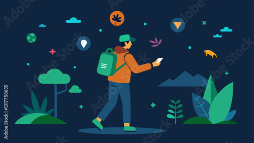 Nature Trail AR Guide An outdoor scene where a hiker uses AR to reveal the names and details of various plants and animals along a trail with glowing icons pointing at each