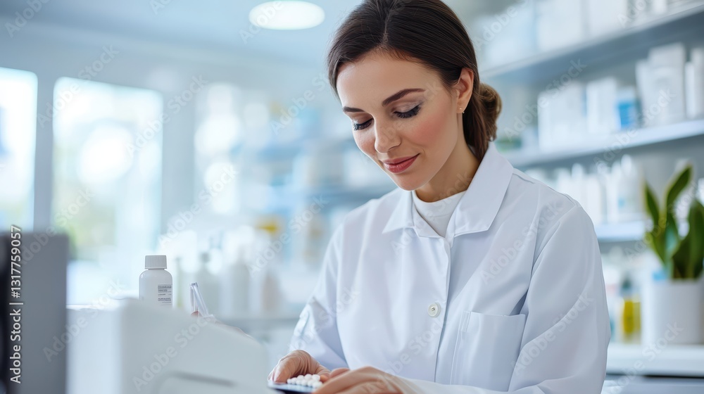 Skilled Pharmacist Preparing Medication in Modern Pharmacy Environment with Professional Focus Skilled Pharmacist Preparing Medication in Modern Pharmacy Environment with Professional Focus