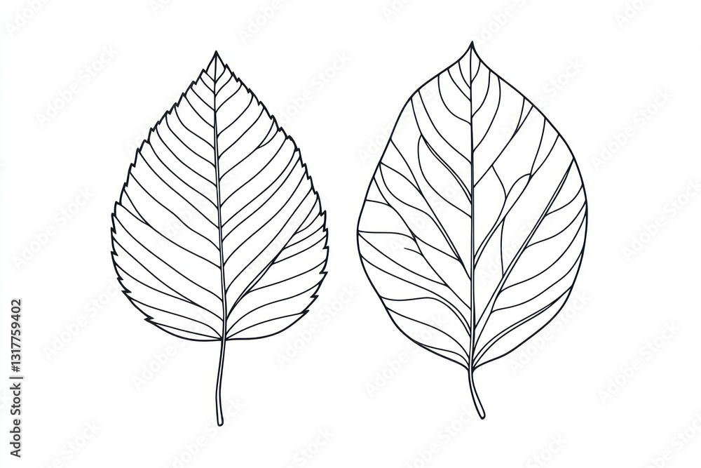 Obraz premium Two line art leaves, botanical illustration, white background, nature study, educational resource