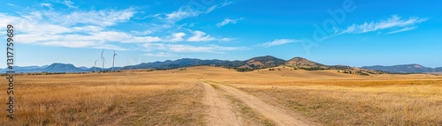 Scenic Landscape with Wind Turbines and Solar Energy Panels Under Clear Blue Sky