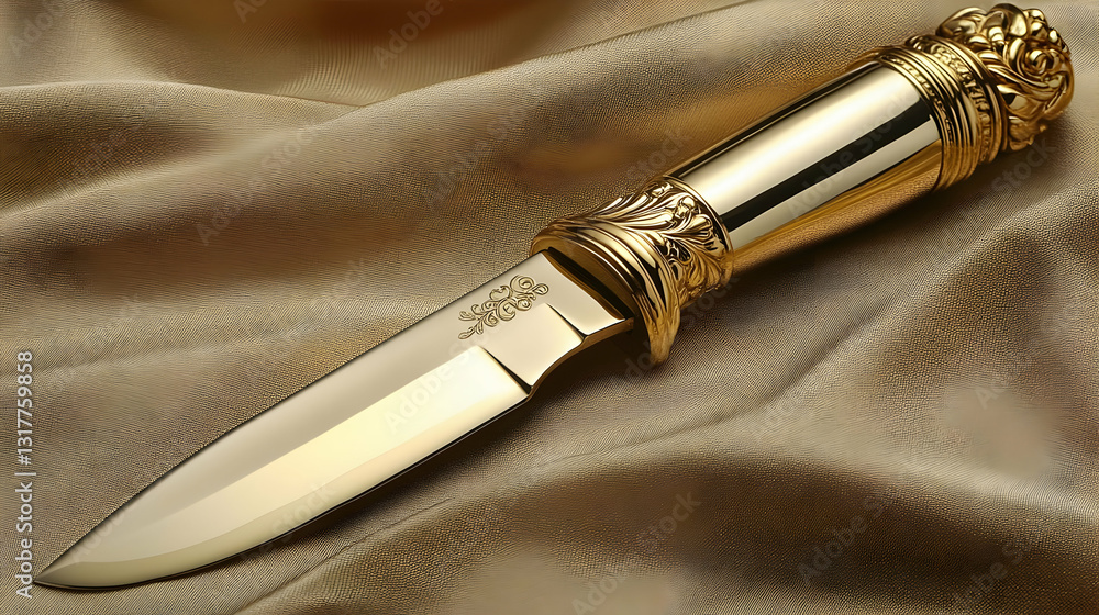 Naklejka premium Gold knife, ornate handle, silk fabric, luxury