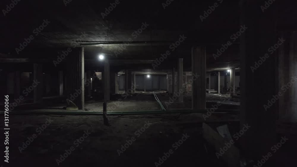 Sótano poco iluminado de un edificio en construcción. Footage de Arquitectura. Sótano. Obra. Arquitectura. Construcción. Sótano poco iluminado de un edificio en construcción. Footage de Arquitectura. Sótano. Obra. Arquitectura. Construcción.