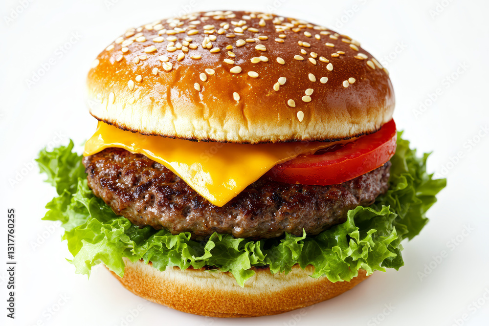 Classic Cheeseburger with Fresh Lettuce on white background
Classic Cheeseburger with Fresh Lettuce on white background