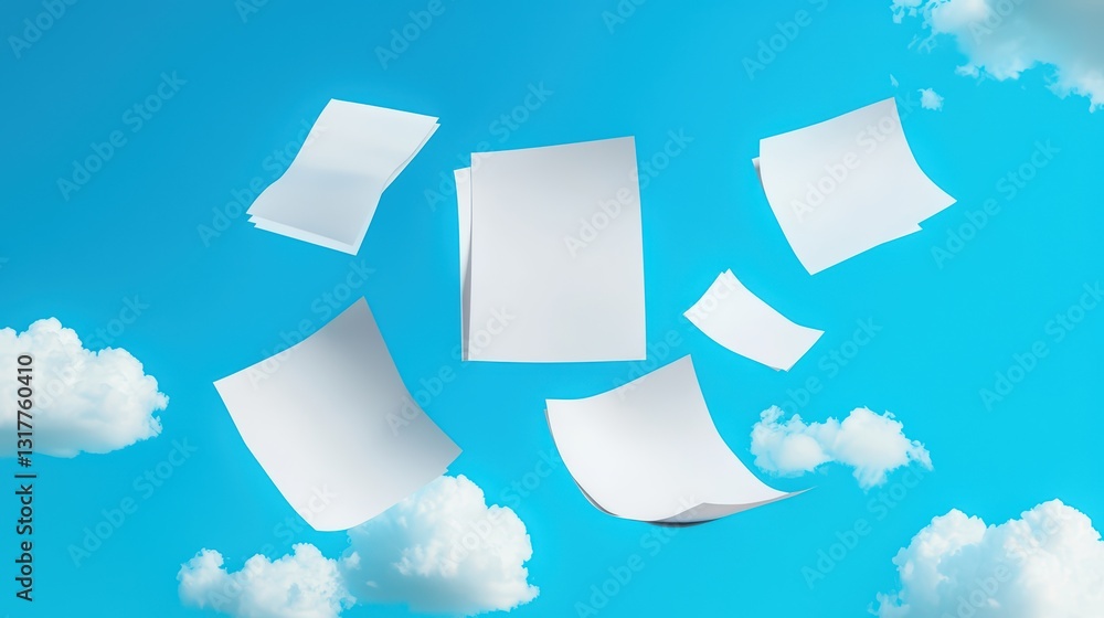 Surreal Images of Floating Documents in a Blue Sky with White Clouds Surreal Images of Floating Documents in a Blue Sky with White Clouds