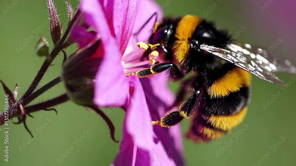 Bumblebee pollinating purple flower in a vibrant garden during sunny day Bumblebee pollinating purple flower in a vibrant garden during sunny day