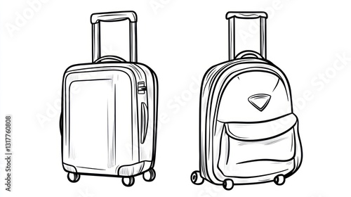 Two wheeled suitcases, travel bags, front and back views, white background, luggage illustration photo