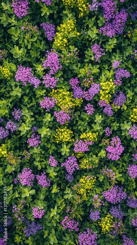 Obraz premium A vibrant tapestry of purple and yellow flowers blossoms in a lush green garden. The colors are rich and the texture is dense, creating a beautiful natural scene.