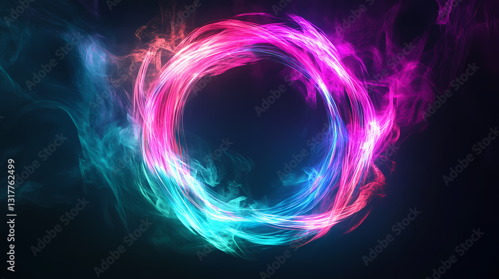 Futuristic fire rings: neon glowing rings of iridescent flames interlocking in pink, teal, and purple patterns on a dark background, creating a stunning visual effect. Iridescent Flames. Illustration Futuristic fire rings: neon glowing rings of iridescent flames interlocking in pink, teal, and purple patterns on a dark background, creating a stunning visual effect. Iridescent Flames. Illustration