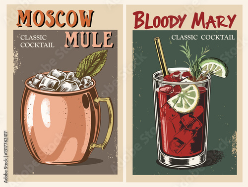 Cocktails retro poster set. Moscow Mule, Bloody Mary. Collection of popular alcohol drinks. Vintage flat vector illustrations for bar, pub, restaurant, kitchen wall art print.