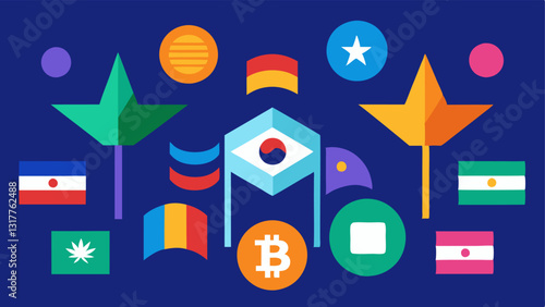 Global Coins and Flags Various cryptocurrency symbols surrounded by abstract representations of flags from different nations signifying international regulatory efforts in