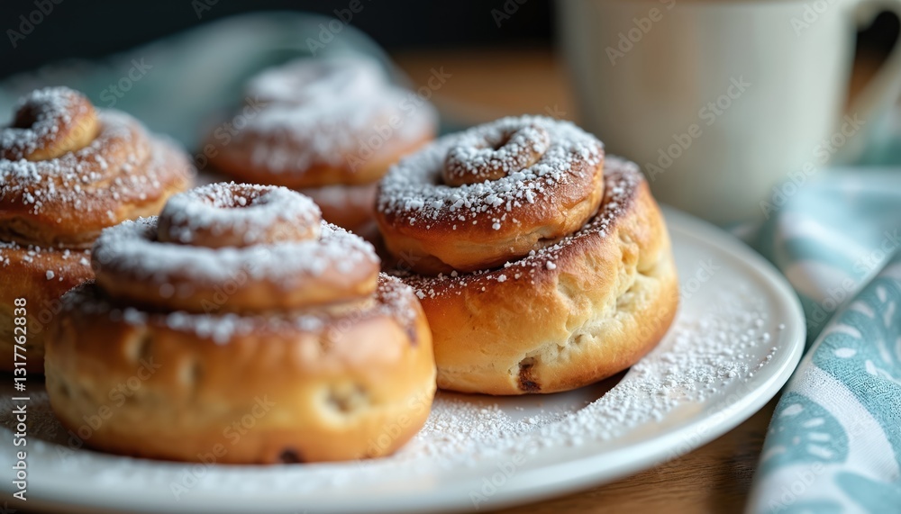 Close-up shot of cinnamon buns covered with powdered sugar on white plate in cafe. Cozy fika break. Swedish pastry served for brunch. Enjoy warm, tasty, delicious dessert. Scandinavian culinary Close-up shot of cinnamon buns covered with powdered sugar on white plate in cafe. Cozy fika break. Swedish pastry served for brunch. Enjoy warm, tasty, delicious dessert. Scandinavian culinary