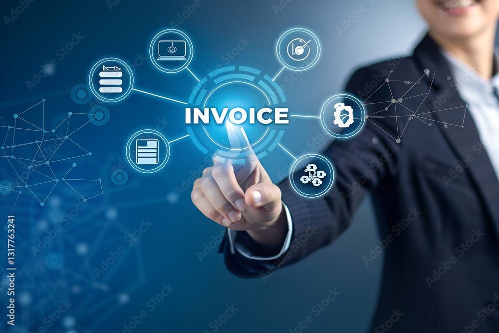 E-Invoice and online digital statements concept. Businessman working with invoice, financial icons, billing, payment processing, scheduling, tax management, modern e-invoicing, financial technology E-Invoice and online digital statements concept. Businessman working with invoice, financial icons, billing, payment processing, scheduling, tax management, modern e-invoicing, financial technology