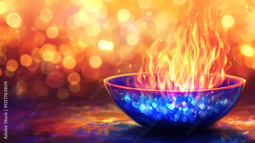 Vibrant flames dance in a sparkly, blue and purple bowl, set against a backdrop of bokeh lights in warm yellow and orange tones. the bowl's. Iridescent Flames. Illustration Vibrant flames dance in a sparkly, blue and purple bowl, set against a backdrop of bokeh lights in warm yellow and orange tones. the bowl's. Iridescent Flames. Illustration