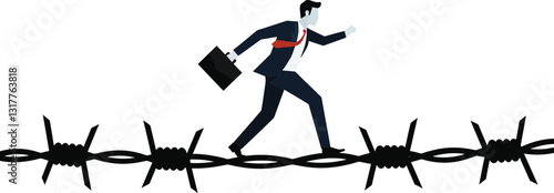 Businessman in a suit running across barbed wire in a flat, minimal design vector illustration showcasing determination and struggle in a challenging environment