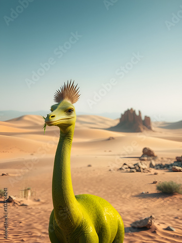A majestic, green creature emerges from the desert, its long neck supporting a distinctive crest atop a plant-eating head surrounded by sandy dunes and rocky outcroppings.