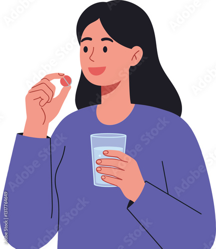 Obraz na płótnie Woman holding a glass of water and a pill with a cheerful expression in flat vector art style showcasing health and wellness themes w salonie