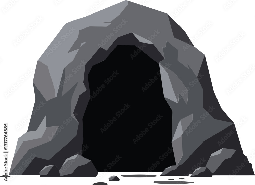Detailed vector illustration of a rocky cave entrance surrounded by smooth stones and shadows, creating a mysterious and natural atmosphere in flat vector art
