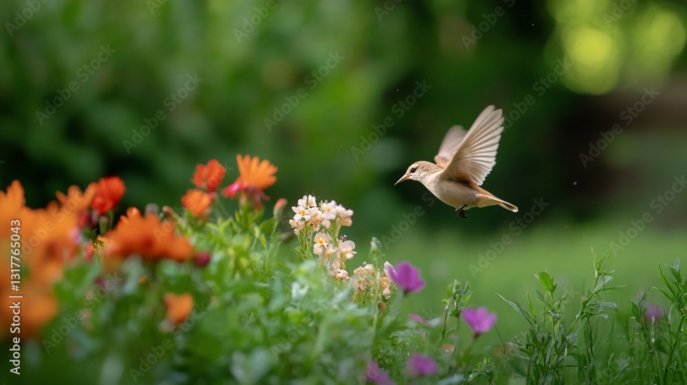 Fototapeta premium Small bird in flight amongst colorful flowers