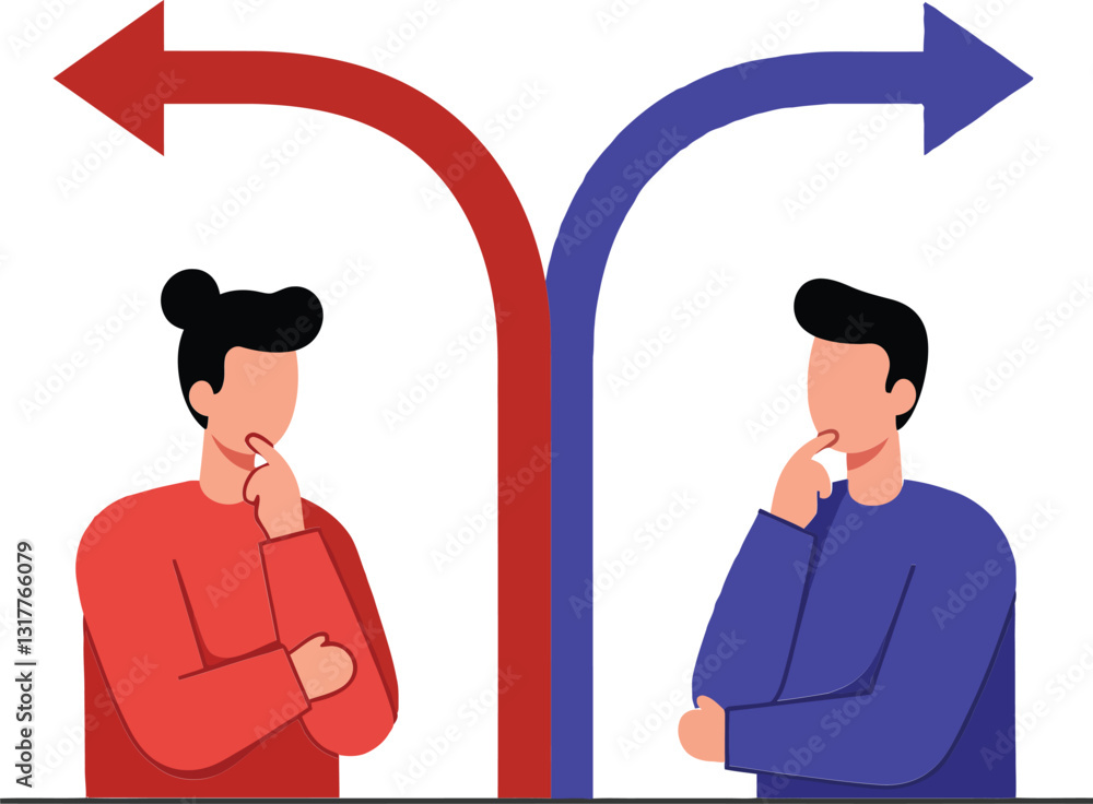 Fototapeta premium Two individuals contemplating decisions at a crossroads with directional arrows in a minimal flat design vector illustration
