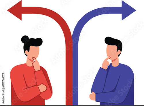 Two individuals contemplating decisions at a crossroads with directional arrows in a minimal flat design vector illustration