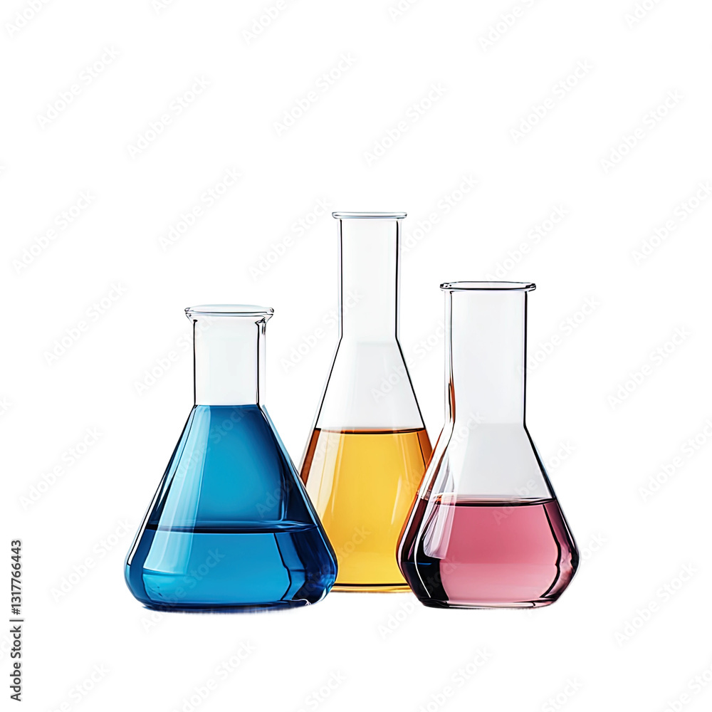 Three glass beakers filled with different colored liquids on transparent background Three glass beakers filled with different colored liquids on transparent background