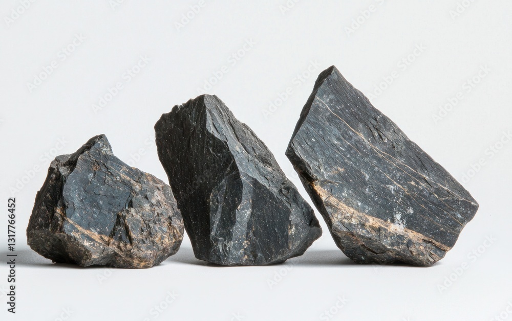Three Dark Gray Stones with Gold Veining on White Background Three Dark Gray Stones with Gold Veining on White Background