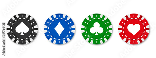 Realistic Poker and casino chips. Isolated casino poker chips. Poker symbols with spades, hearts, diamonds, clubs. Playing gambling chips concept. Vector illustration.