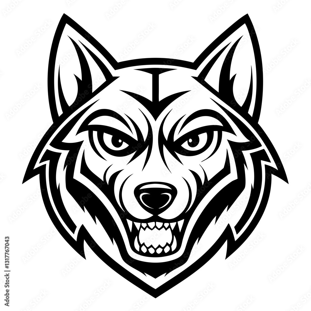a black and white vector illustration of a wolf's head with a fierce expression, showing its sharp teeth. The design is detailed and intense. a black and white vector illustration of a wolf's head with a fierce expression, showing its sharp teeth. The design is detailed and intense.