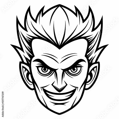 a sinister cartoon face with a wicked smile and spiky hair, illustrated in black and white. This image is perfect for conveying themes of mischief or villainy