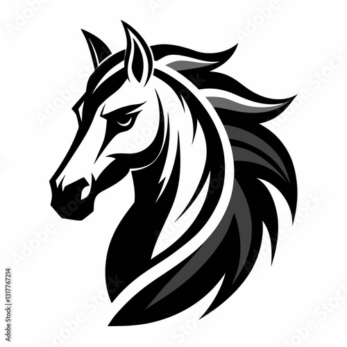 a black and white illustration of a horse head in a minimalist style, with bold lines and a striking appearance