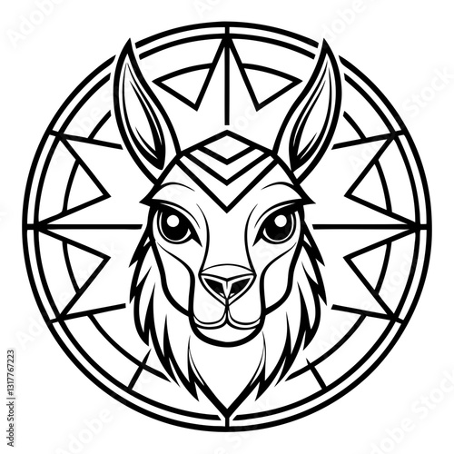 a llama illustration in circle graphic, black and white, vector illustration