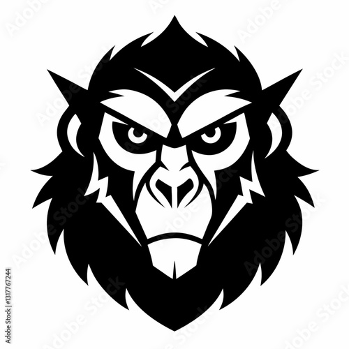 a bold, black and white illustration of an angry monkey mascot face with a serious expression and fierce eyes